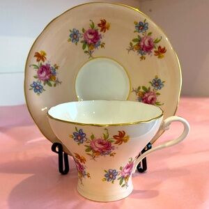 VTG Aynsley Pink Bone China Corset Shaped Teacup and Saucer with Floral Sprays